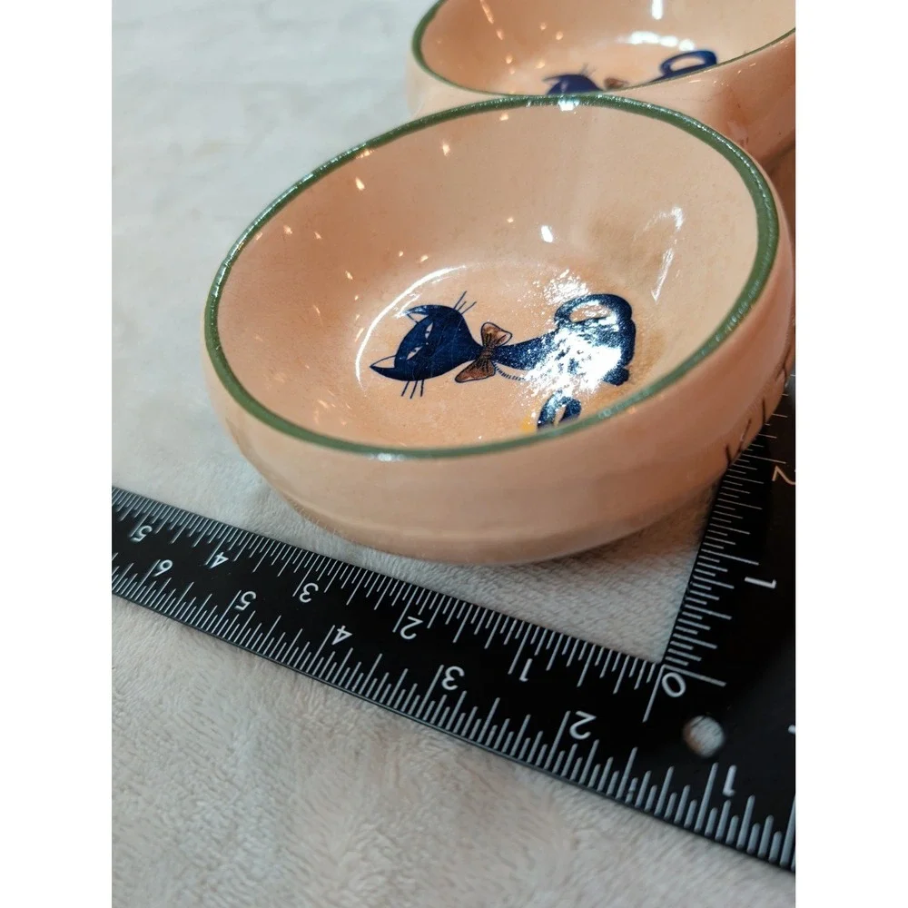 Vintage Ceramic Double Kitty Cat Bowl Pink Green Trim Mid Century Pet Dish 8.5
